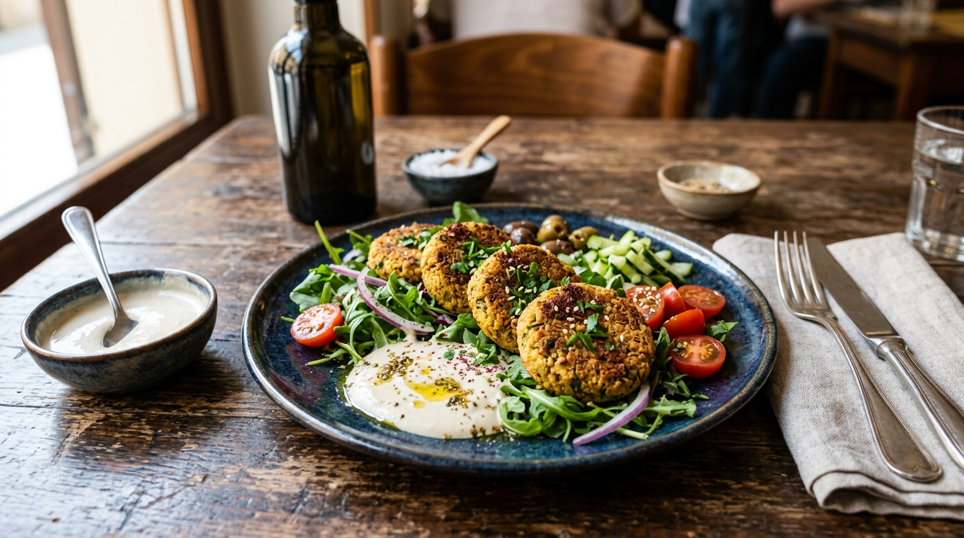 Falafel al forno dorati e croccanti disposti su una teglia con carta forno, contornati da prezzemolo fresco e limone.