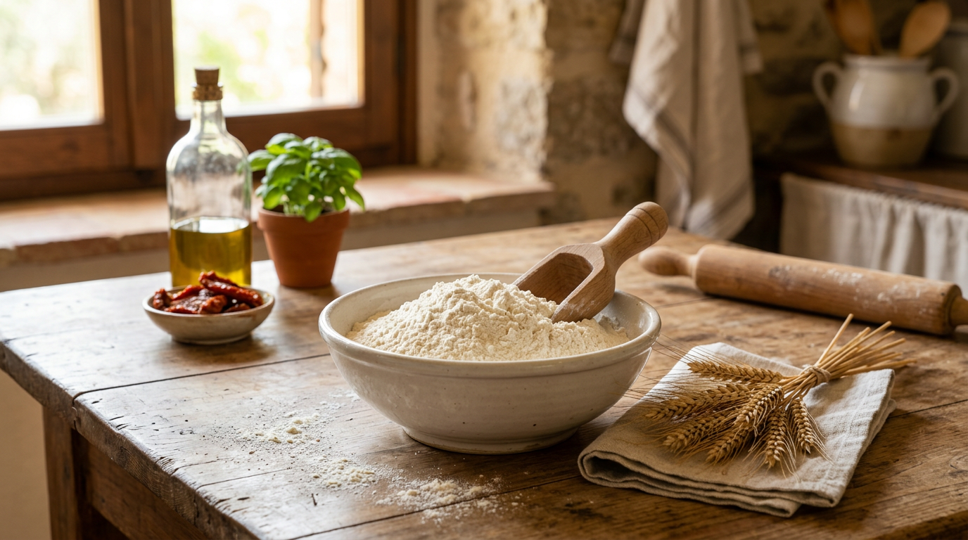 Spighe di grano maturo in un campo dorato e un sacco di farina integrale