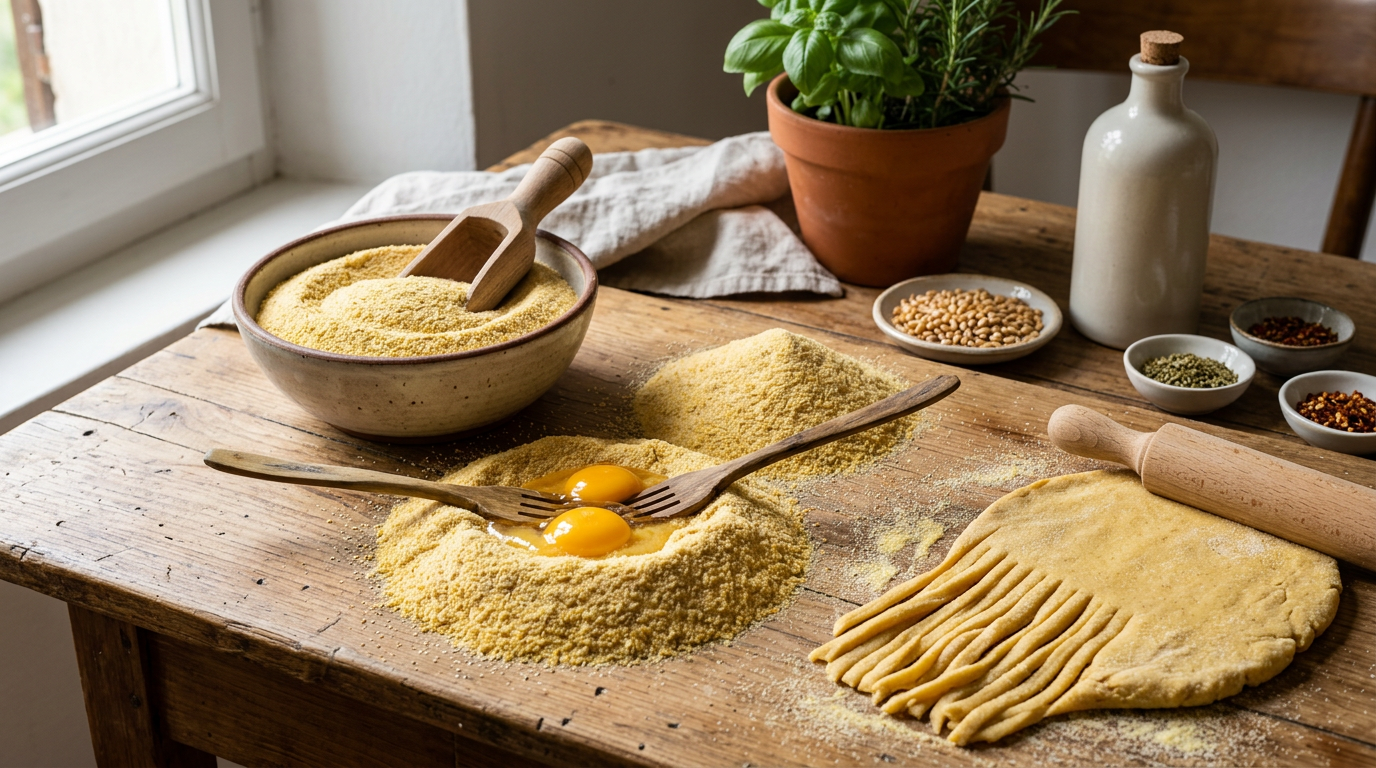 Ciotola di legno piena di farina di semola di grano duro e spighe di grano su un tavolo rustico