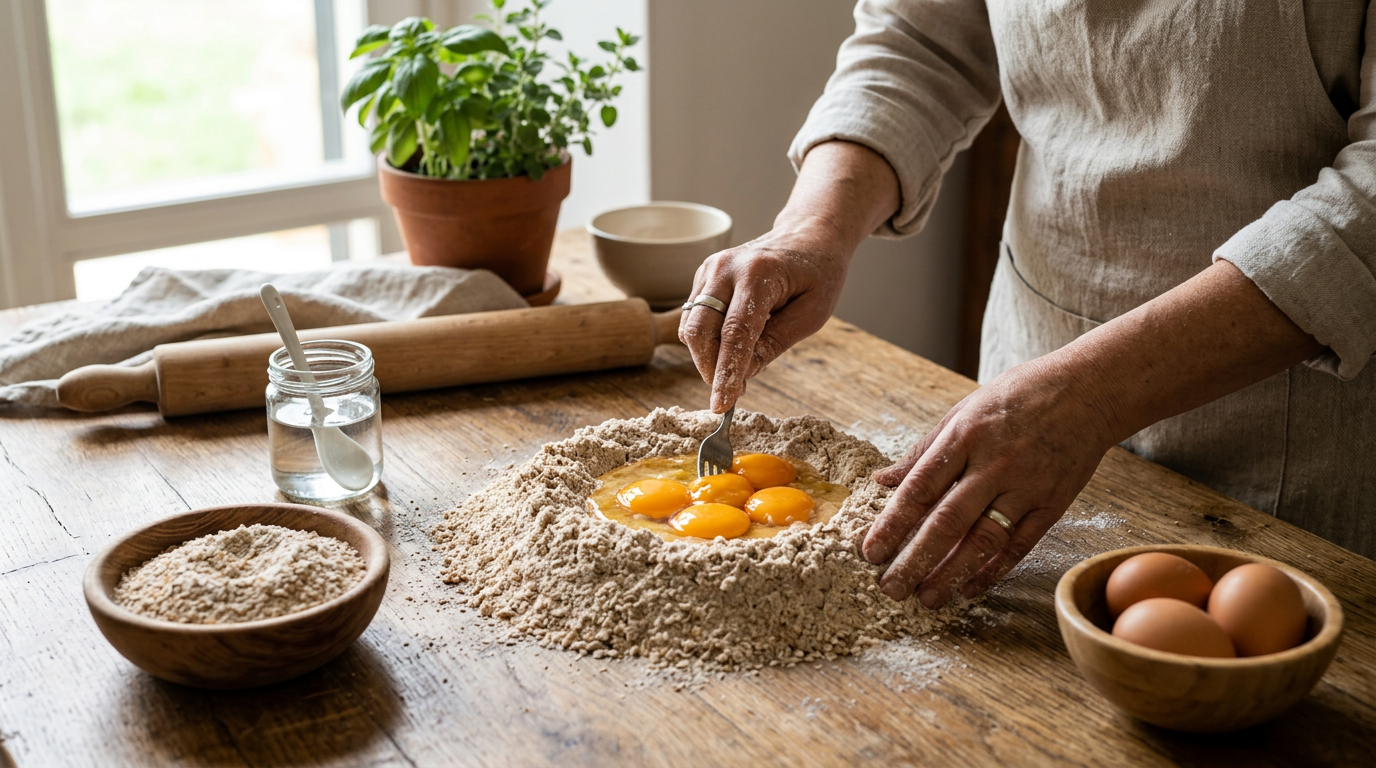 Sacchetto di farina tipo 1 su un tavolo di legno con spighe di grano e un pane rustico appena sfornato