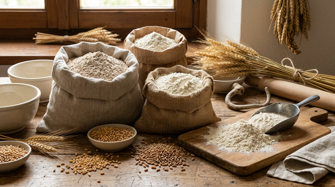 Varie ciotole di legno contenenti farine alternative come farro, grano saraceno e kamut.