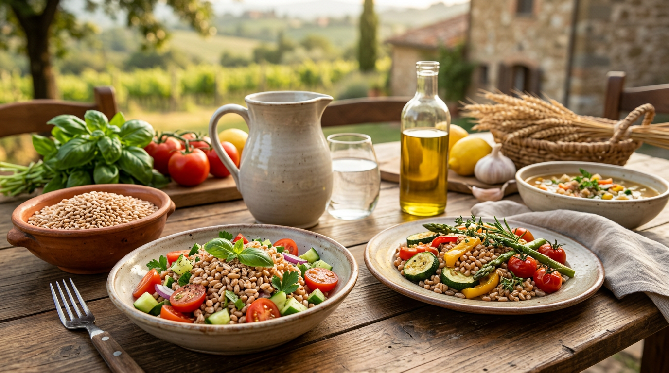 Ciotola di insalata di farro con pomodorini, cetrioli e erbe aromatiche fresche.