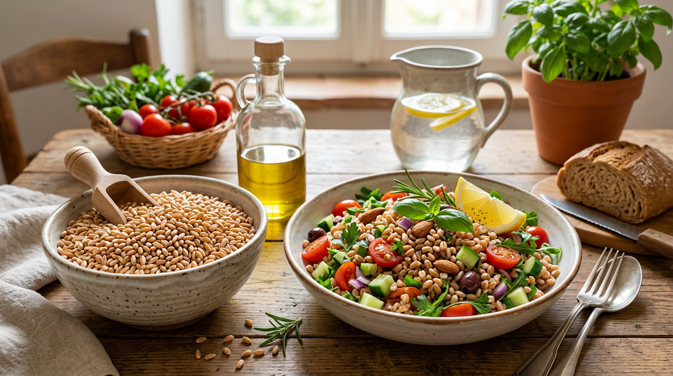 Campo di farro dorato sotto il sole con pannocchie mature