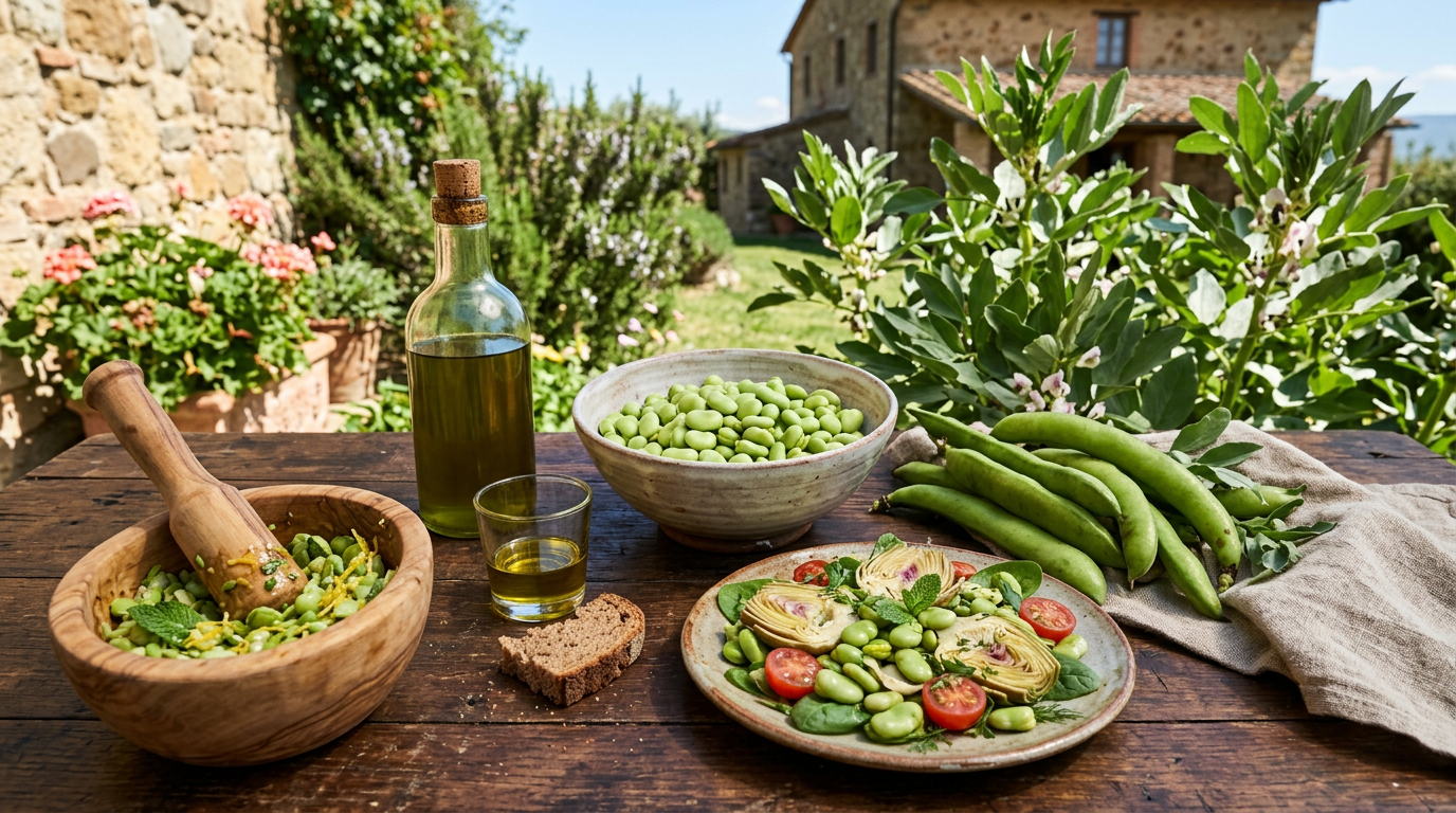 Cesto di fave fresche appena raccolte, con alcune baccelli aperti che mostrano i semi verdi. Sullo sfondo, un campo in fiore.