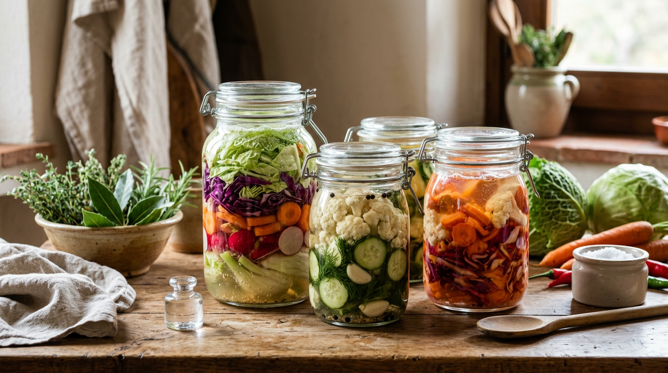Vasi di vetro ermetici riempiti con diversi tipi di verdure colorate in fase di fermentazione, come cavolo rosso, carote e cetrioli.