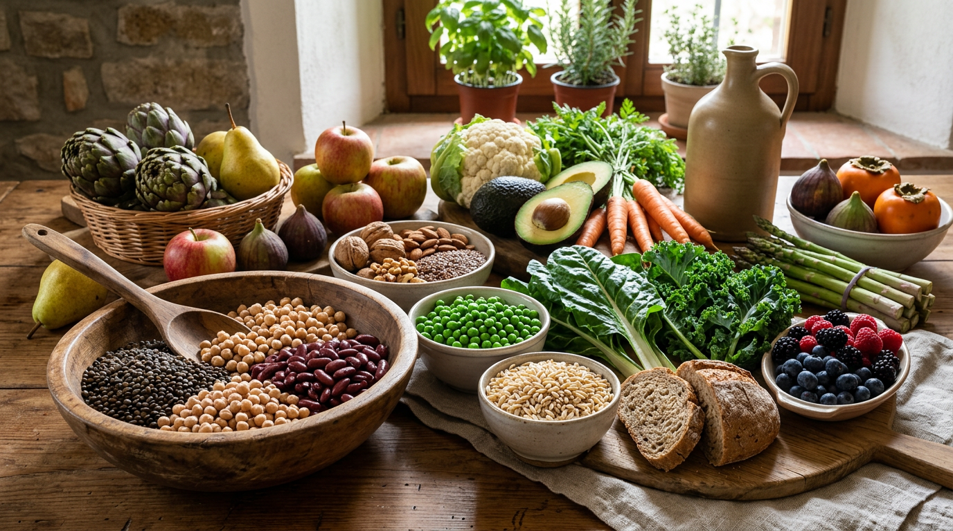 Cesto in vimini colmo di verdure fresche di stagione, legumi secchi e cereali integrali.