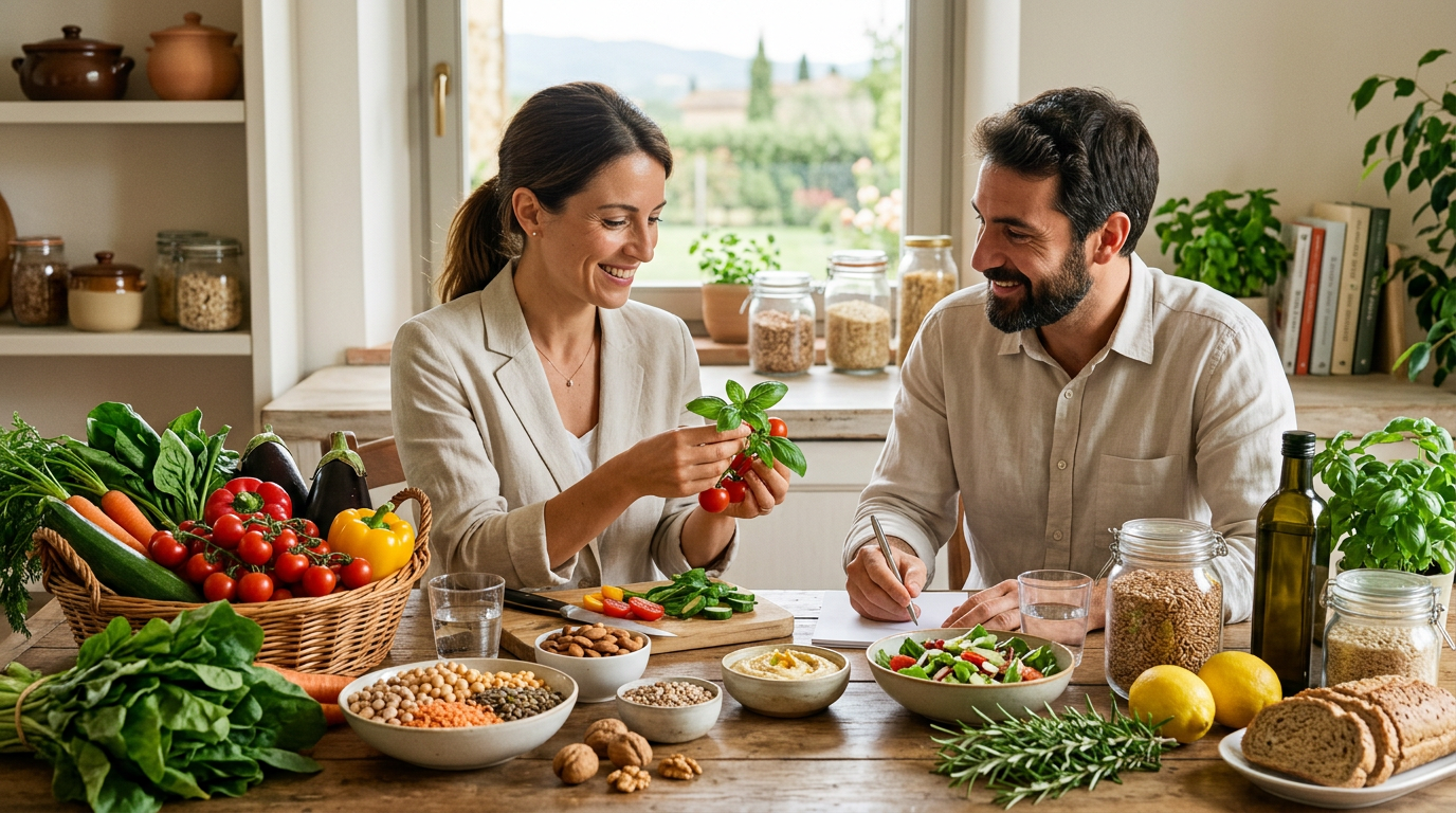Quattro professionisti sorridenti, un dietologo, una nutrizionista, una dietista e uno psicologo alimentare, in uno studio moderno, che discutono amabilmente con un paziente in un ambiente professionale e accogliente.