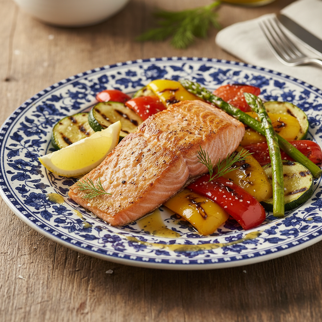 Filetto di salmone cucinato in friggitrice ad aria accompagnato da zucchine, peperoni e melanzane grigliate, con fette di limone e prezzemolo fresco su un piatto bianco.