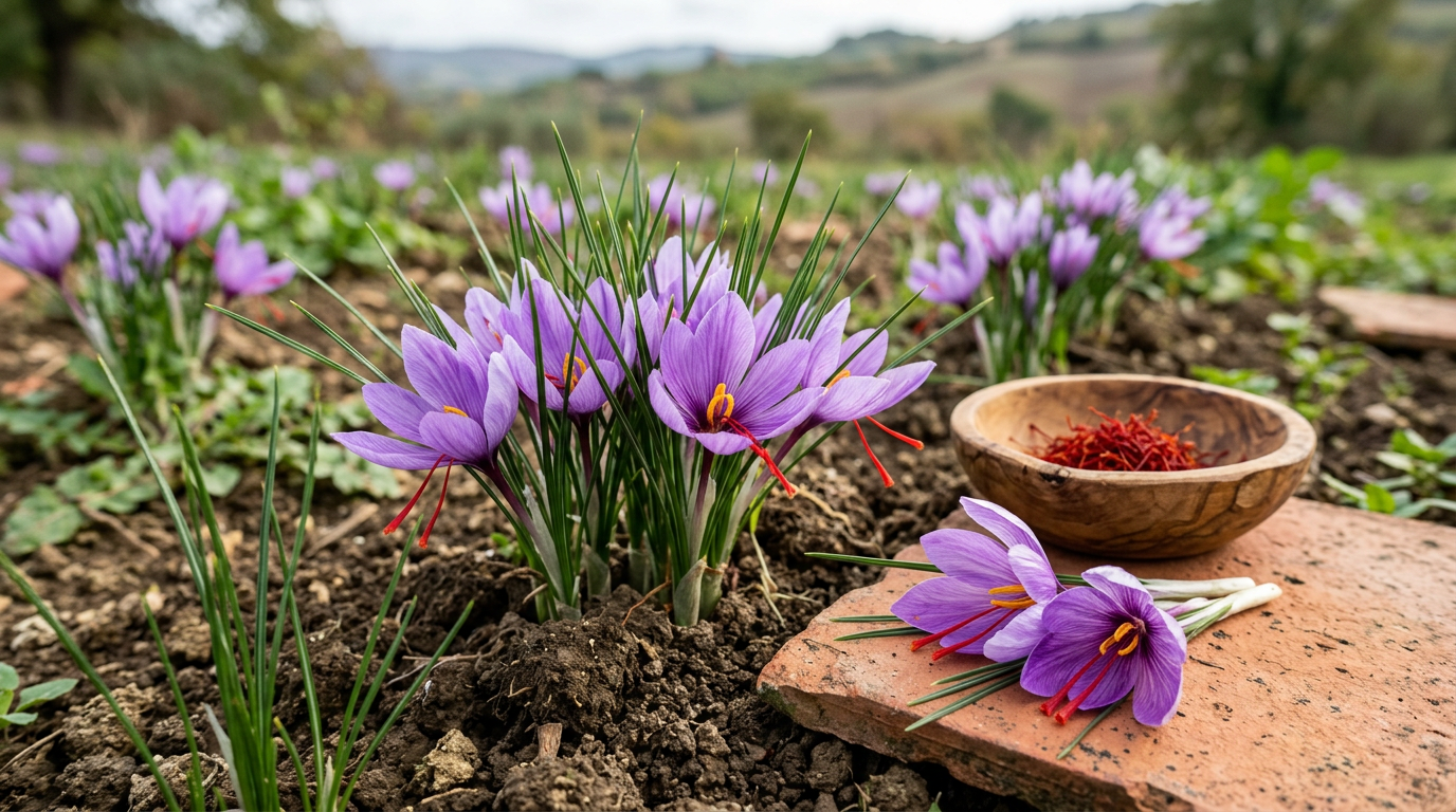 Fiore viola di Crocus sativus che sboccia in un campo, con i tre stimmi rossi dello zafferano ben visibili.