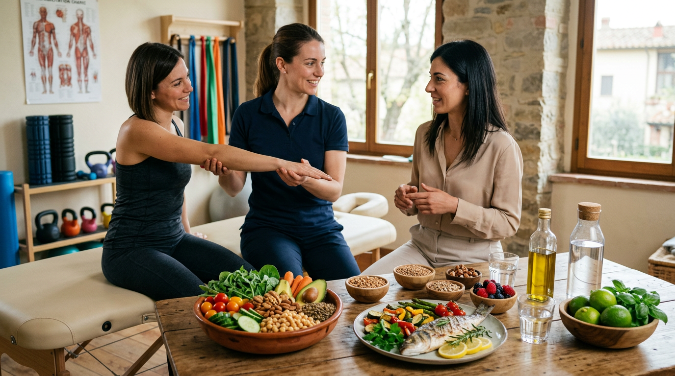 Due professionisti della salute, un fisioterapista e una nutrizionista, si consultano davanti a un tavolo con schemi anatomici e alimentari, simboleggiando la collaborazione multidisciplinare.
