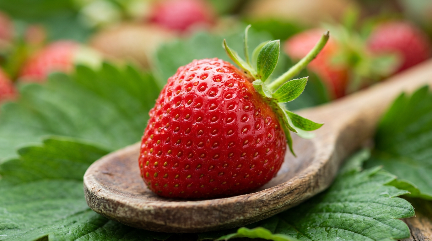 Grande ciotola di fragole rosse fresche e lucide, alcune intere e altre tagliate a metà, con foglie verdi sullo sfondo.