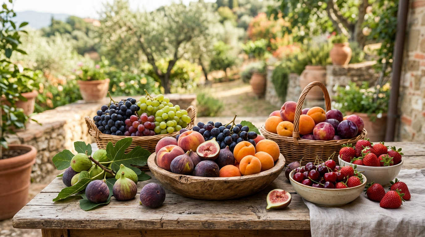 Cesto colorato pieno di frutta fresca di stagione come fragole, arance, kiwi e uva, e uva, su un tavolo di legno rustico.