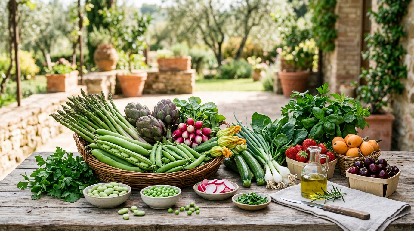 Un cesto di vimini colmo di frutta e verdura fresca di primavera come fragole, asparagi, piselli e carote.