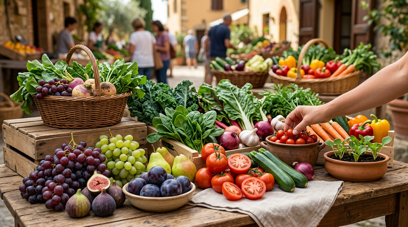 Cesto abbondante con frutta e verdura fresca e colorata di stagione, come pomodori, zucchine, carote e insalata.