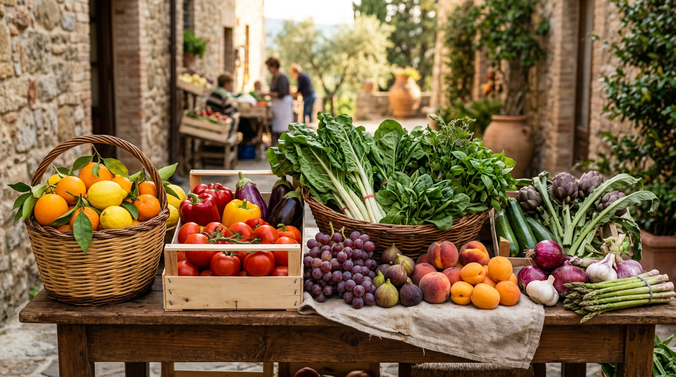 Un grande cesto di vimini colmo di una varietà colorata di frutta e verdura fresca di stagione, posato su un tavolo di legno rustico.
