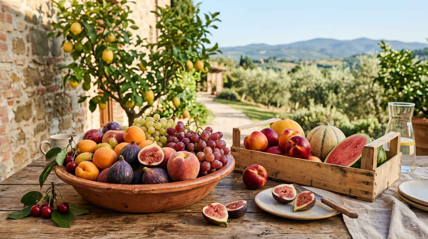 Cesto di vimini colmo di frutta fresca di stagione come mele, uva, arance e kiwi.