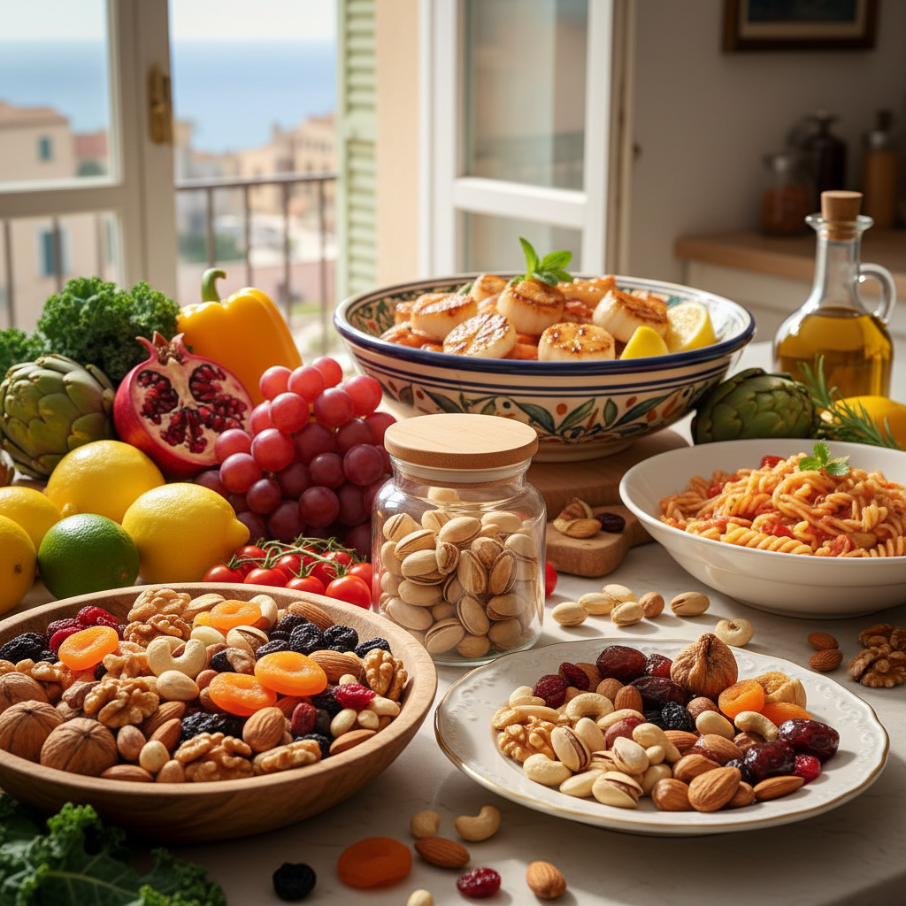 Un cesto con diverse varietà di frutta secca: mandorle, noci, nocciole e pistacchi.)