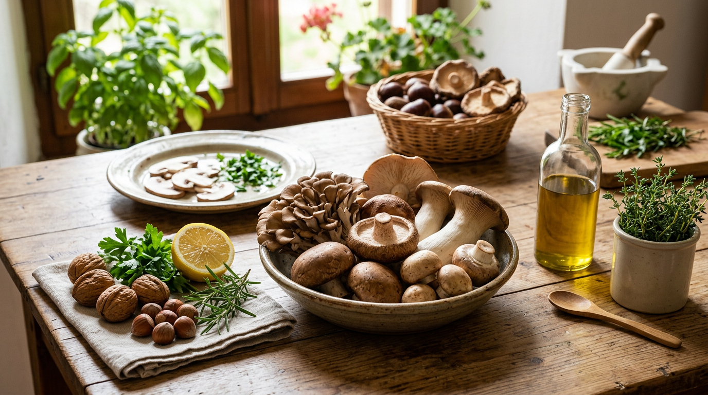 Cesto in vimini ricco di funghi misti freschi, alcuni interi e altri affettati, adagiati su foglie verdi.