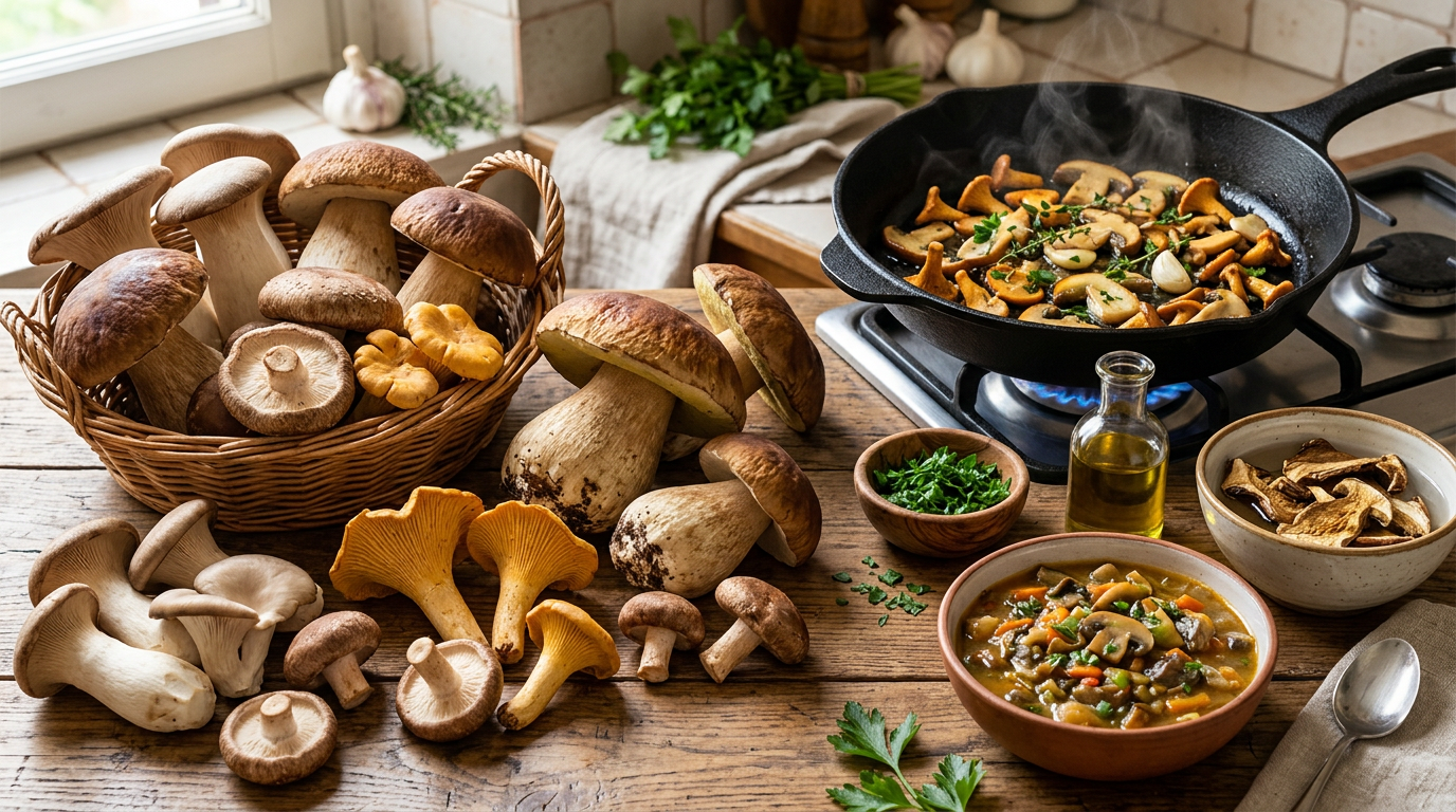 Cesto di vimini colmo di diverse varietà di funghi edibili freschi