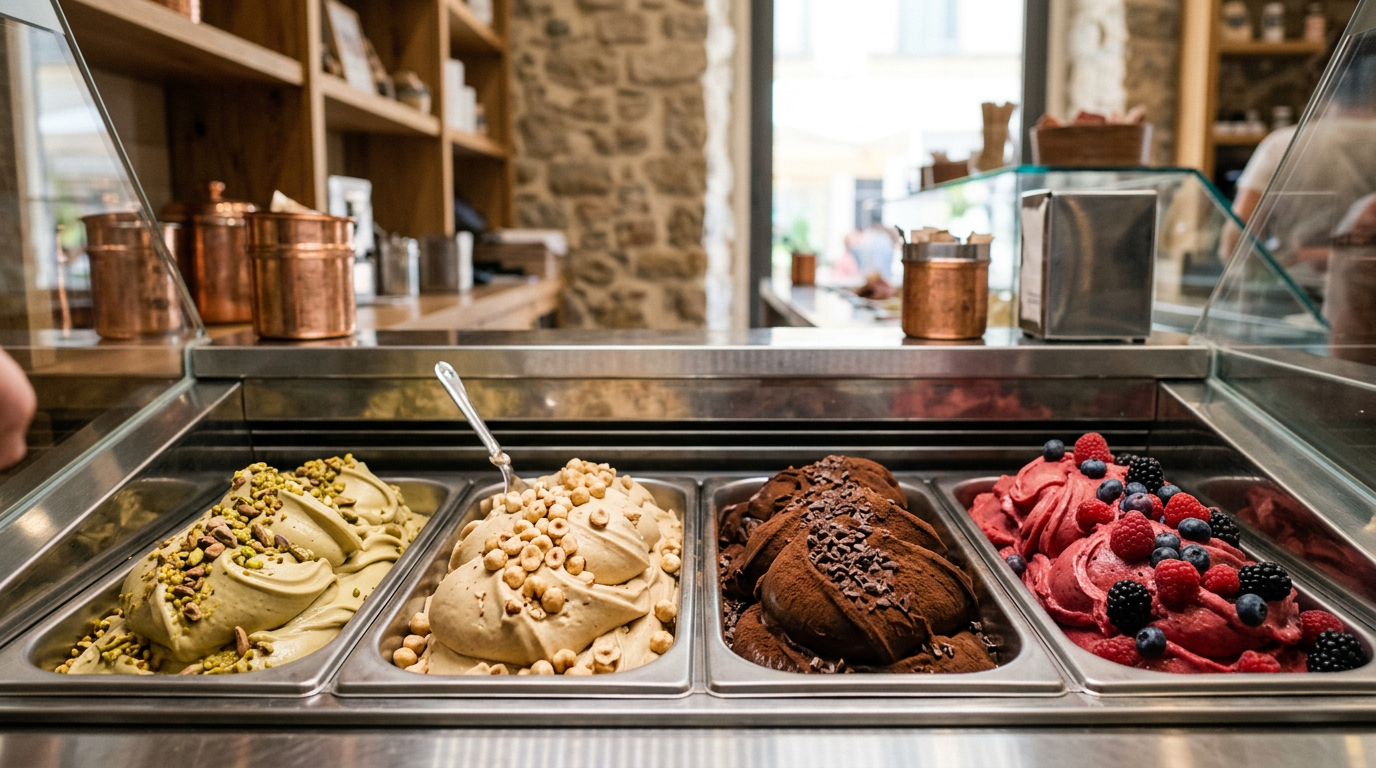 Coppetta di gelato artigianale con due gusti cremosi, uno alla frutta rossa e uno al pistacchio, su un tavolo di legno.