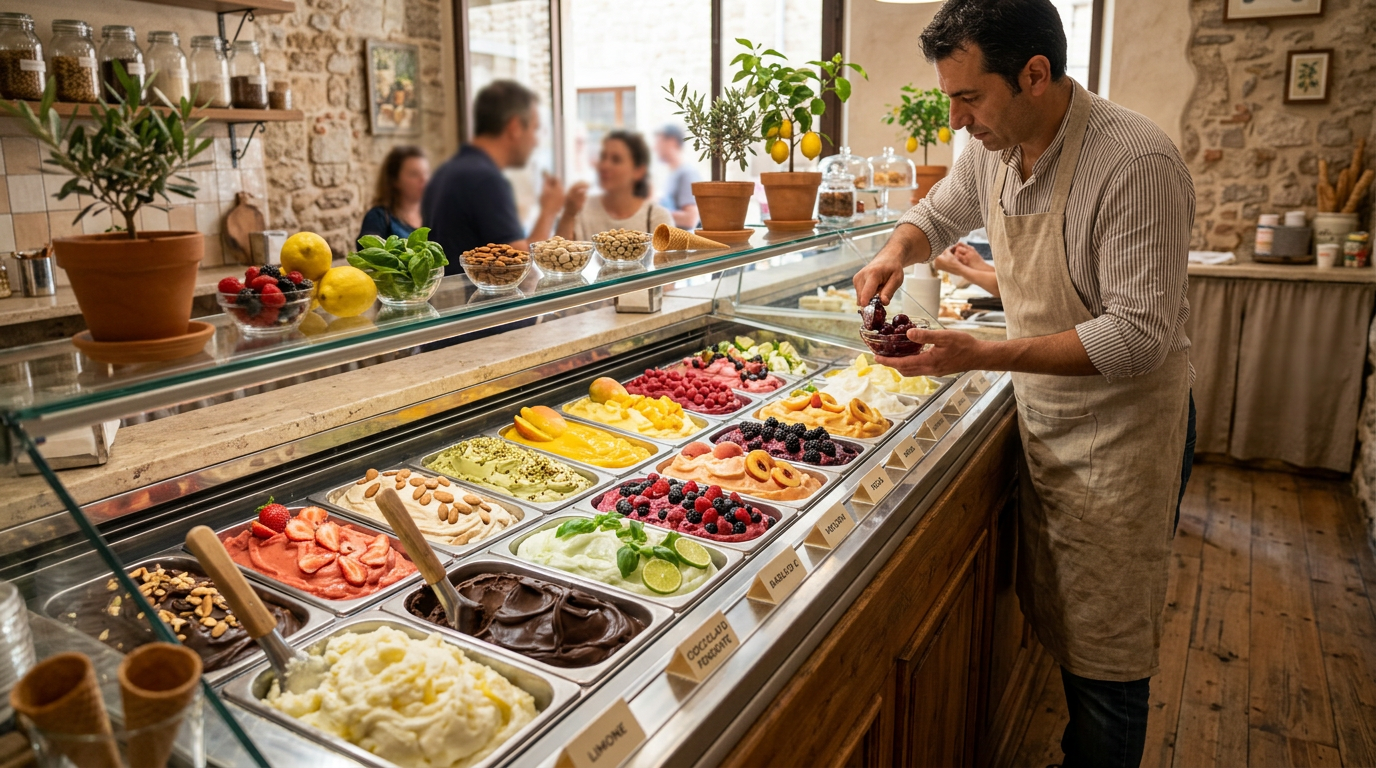 Coppetta di gelato artigianale con due gusti, cioccolato e pistacchio, su un tavolo di legno chiaro