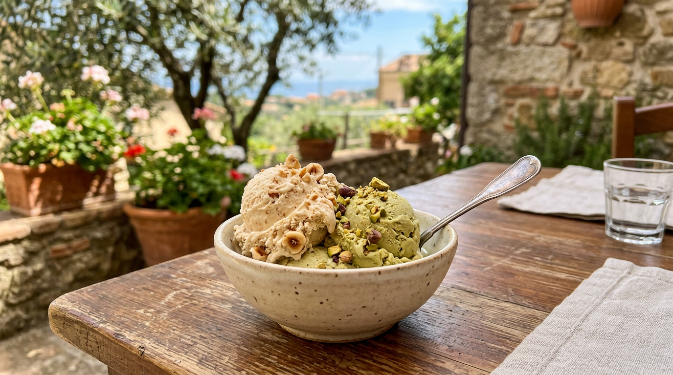 Coppetta di sorbetto artigianale ai frutti di bosco e al limone con frutta fresca intorno.