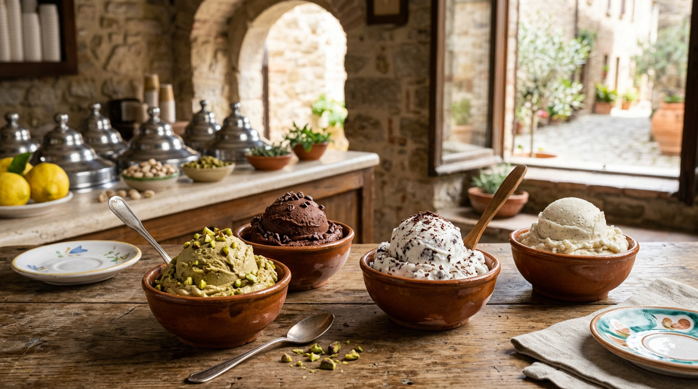Coppetta di gelato artigianale con due gusti, uno al cioccolato e uno alla frutta rossa, su un tavolo di legno.