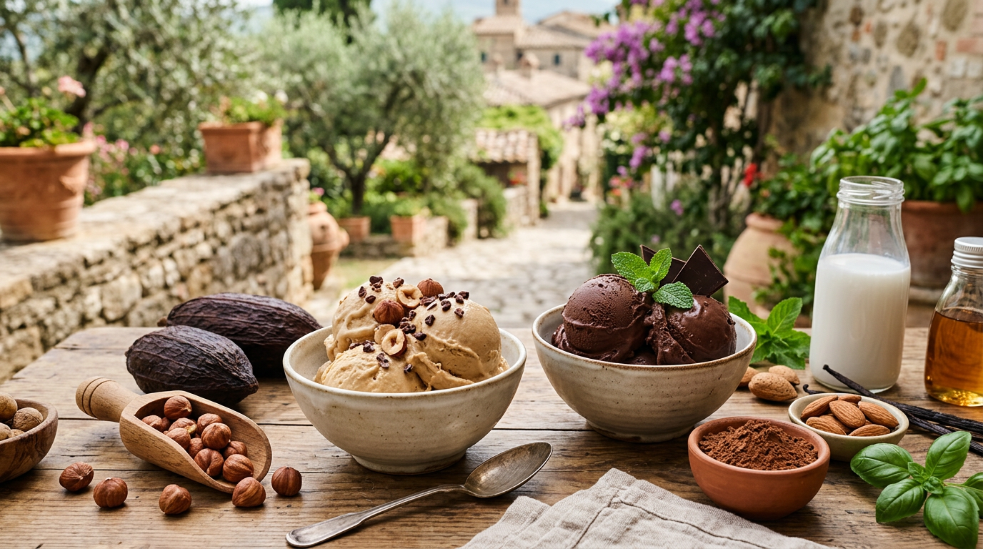 Coppa di gelato plant-based con frutti di bosco e foglioline di menta fresca, su un tavolo di legno chiaro.