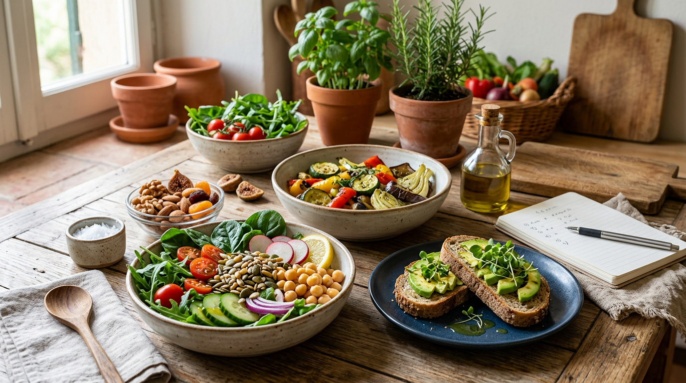 Una donna sorridente e rilassata prepara un'insalata colorata in una cucina luminosa e moderna