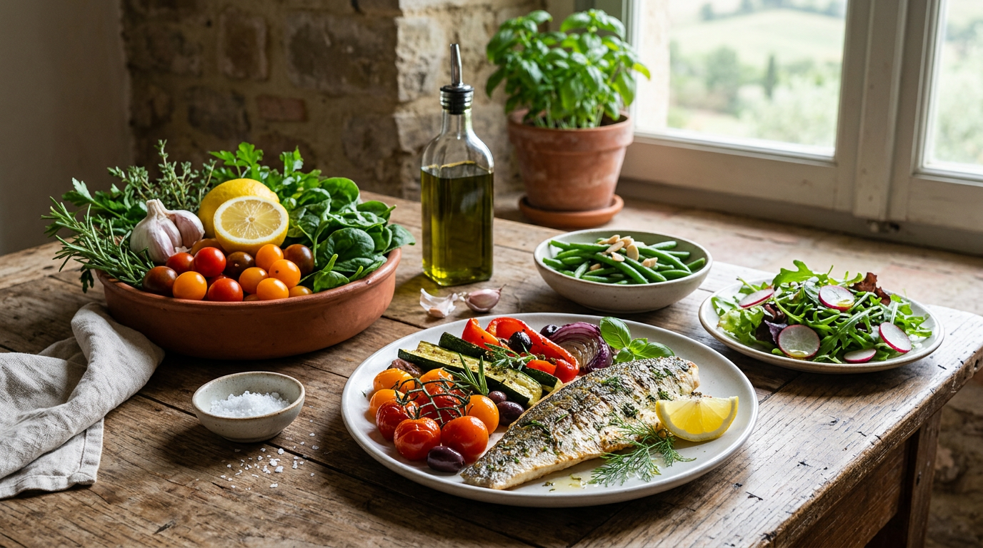 Tavolo in legno con una selezione di alimenti sani come frutta fresca, verdura colorata, noci e semi.