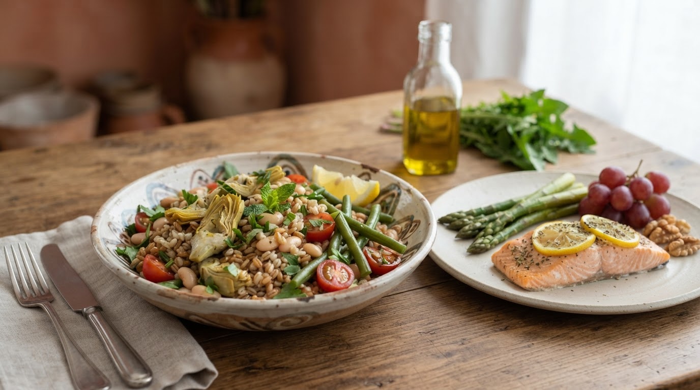 Piatto salutare con verdure crude fresche tritate, trancio di salmone e limone