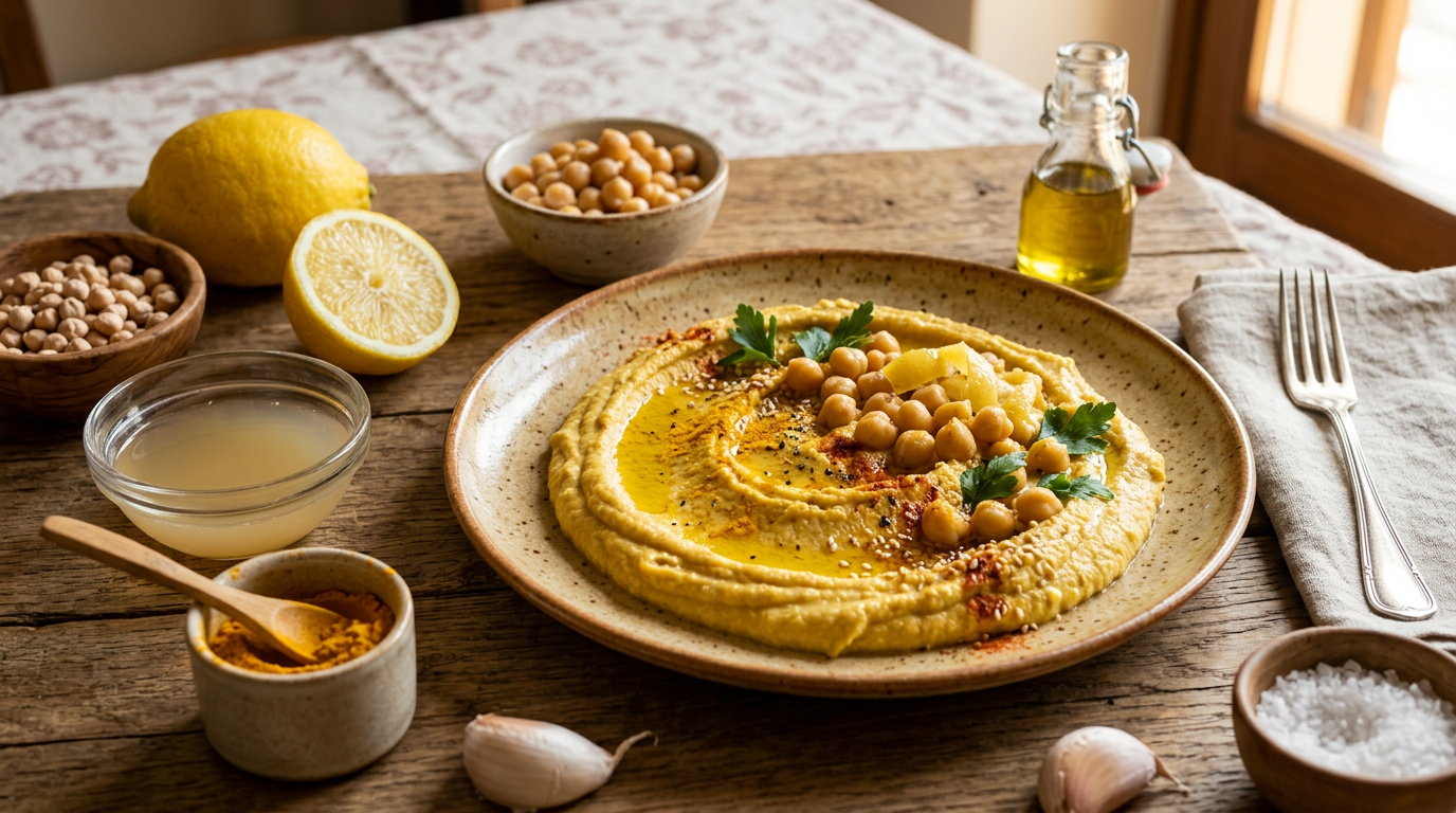Ciotola di hummus di ceci con una spolverata di paprika e un filo d'olio, guarnita con foglie di prezzemolo fresco, su un tavolo di legno.