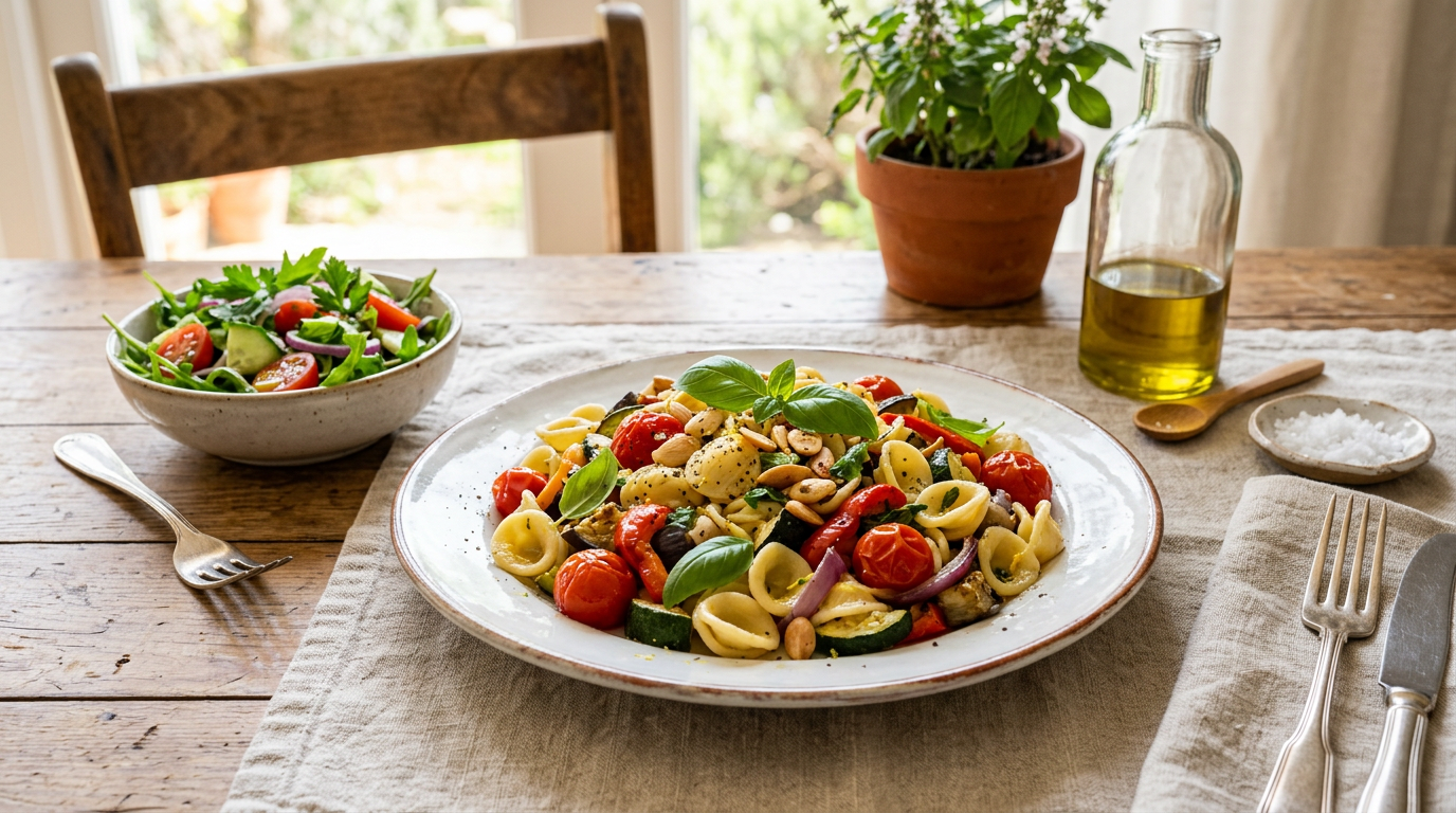 Un tavolo di legno apparecchiato con piatti bianchi di design IKEA, su cui sono servite delle polpette vegetali con contorno di verdure fresche e colorate.