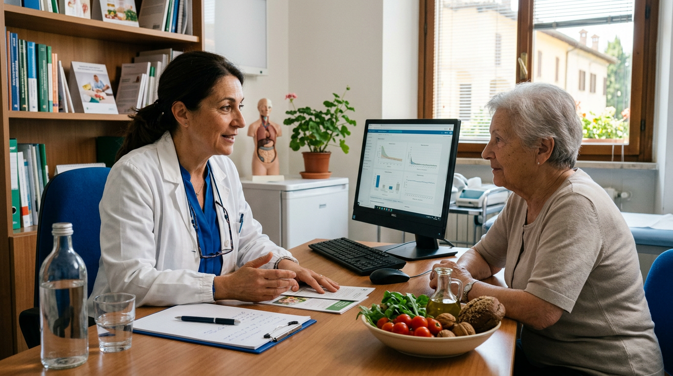 Professionista della nutrizione in camice bianco che discute un piano alimentare con una paziente in uno studio medico luminoso.
