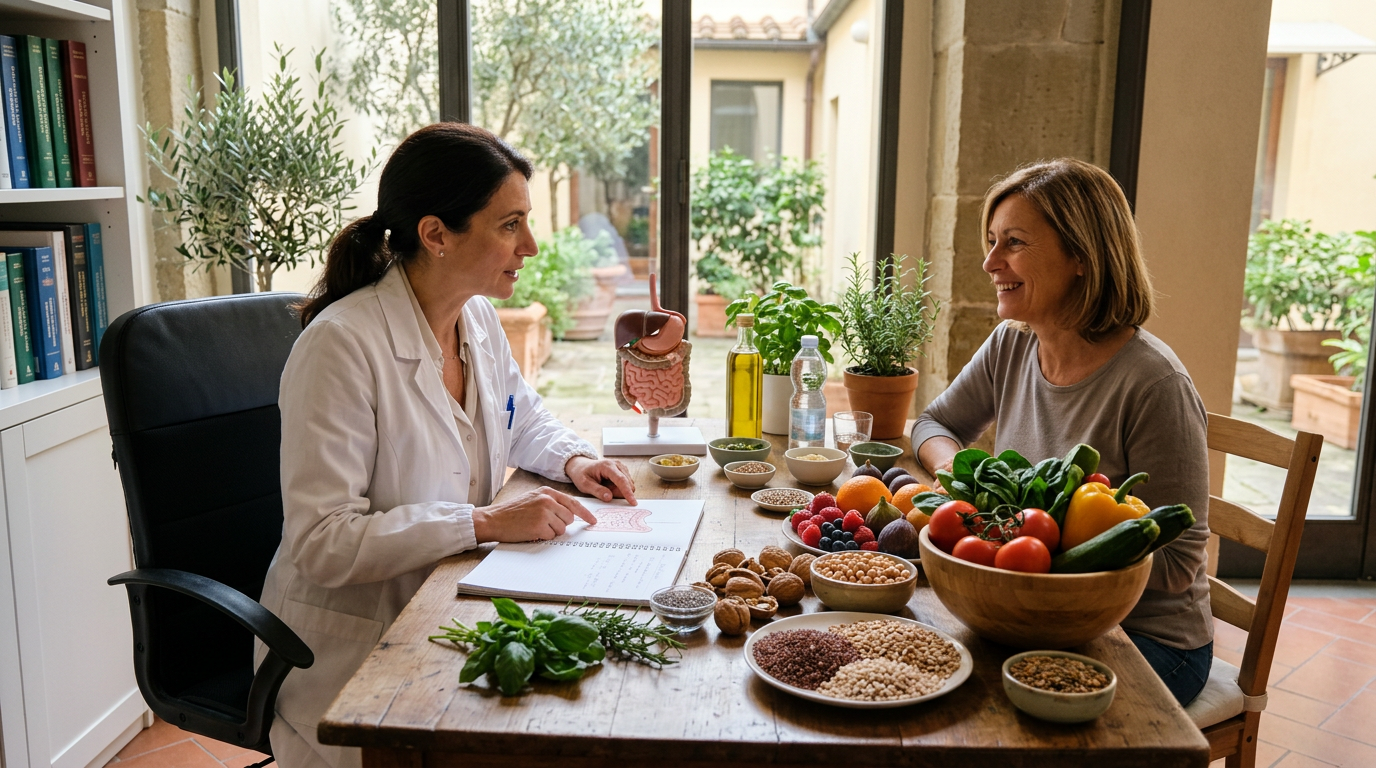 Un gastroenterologo e un nutrizionista discutono un piano alimentare con un paziente per la gestione di una malattia infiammatoria intestinale.