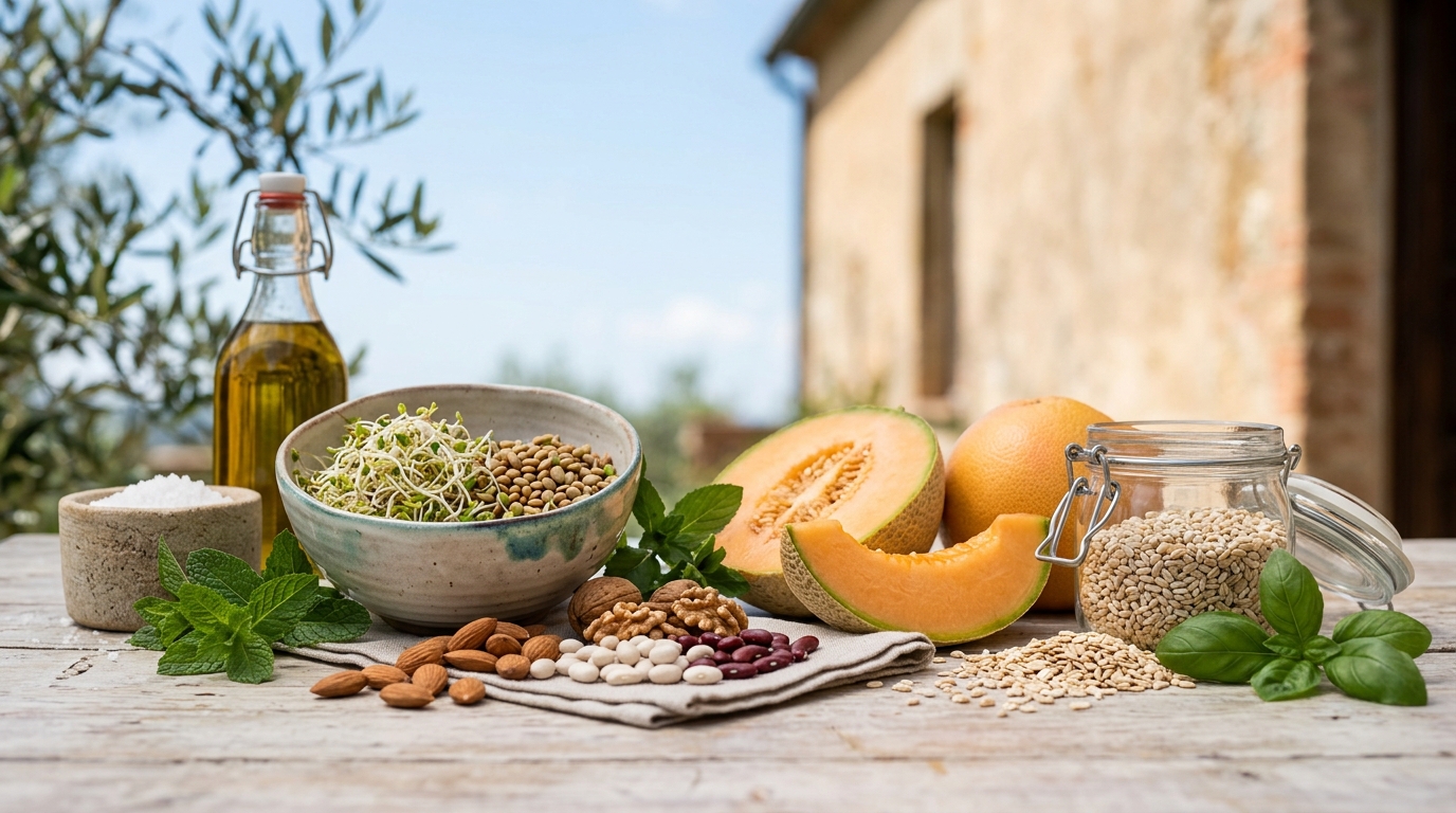 Capsule di inositolo su un cucchiaino accanto a frutti come arance e melone, con foglie verdi sullo sfondo.