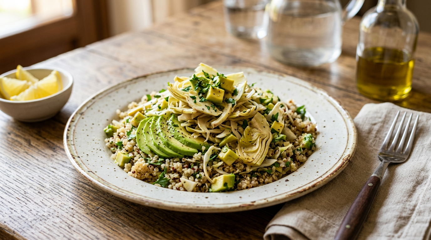 Ciotola colorata di insalata di carciofi crudi, quinoa e avocado, con foglie di prezzemolo fresco su un tavolo di legno chiaro.