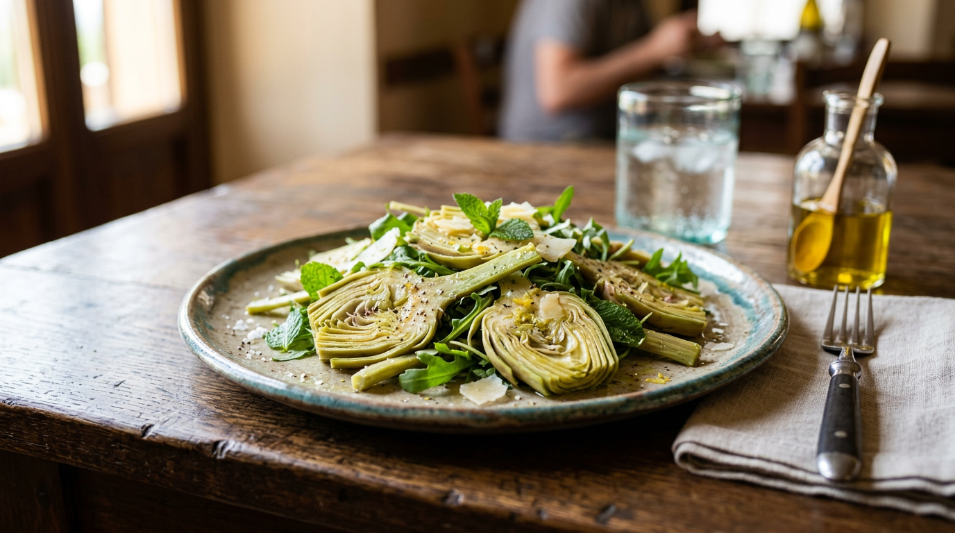 Una ciotola di insalata di carciofi crudi affettati finemente con scaglie di limone e prezzemolo fresco.