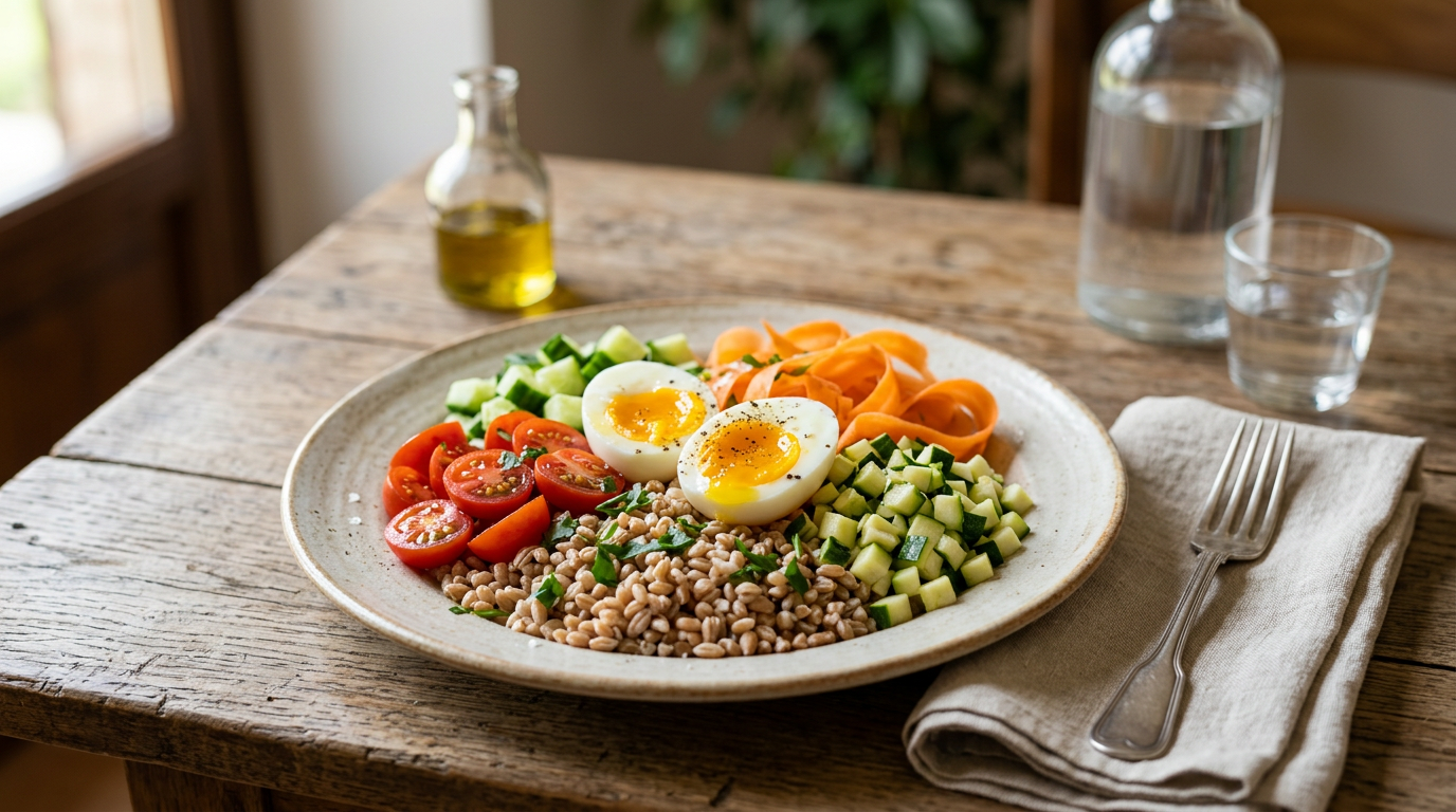 Insalata di farro con pomodorini, cetrioli, carote e uova sode a spicchi servita in una ciotola bianca.
