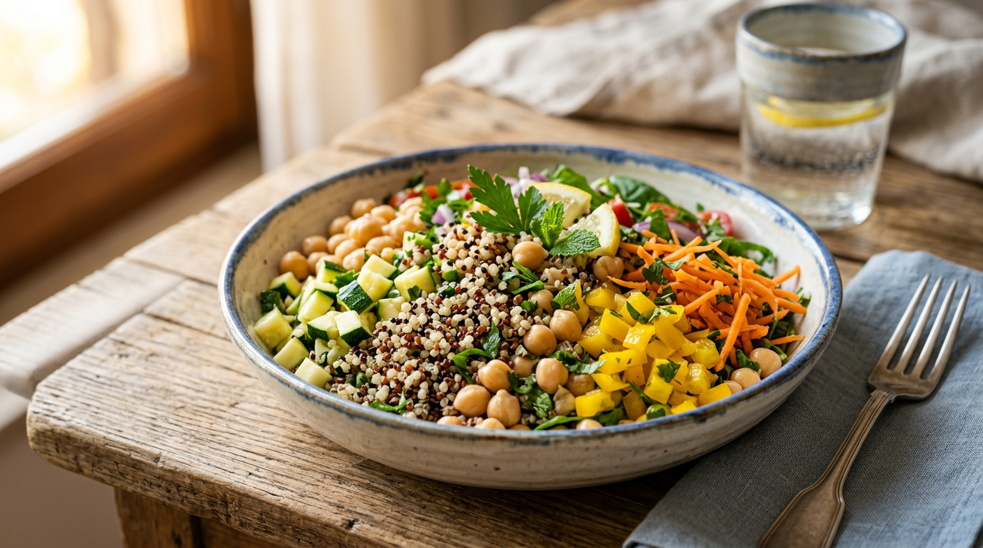 Insalata di quinoa colorata in una ciotola bianca di ceramica, con verdure fresche come peperoni gialli, zucchine e pomodorini, e ceci speziati.