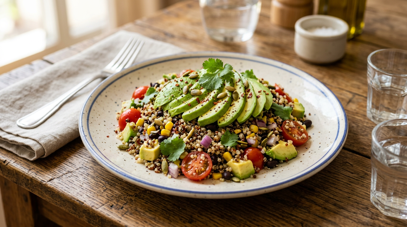 Ciotola colorata di insalata di quinoa e avocado con pomodori, cetrioli e prezzemolo fresco su un tavolo di legno chiaro.