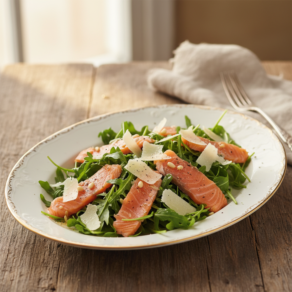 Insalata fresca con striscioline di salmone affumicato, foglie di rucola verde e scaglie di Grana su un piatto bianco, condita con olio e limone.