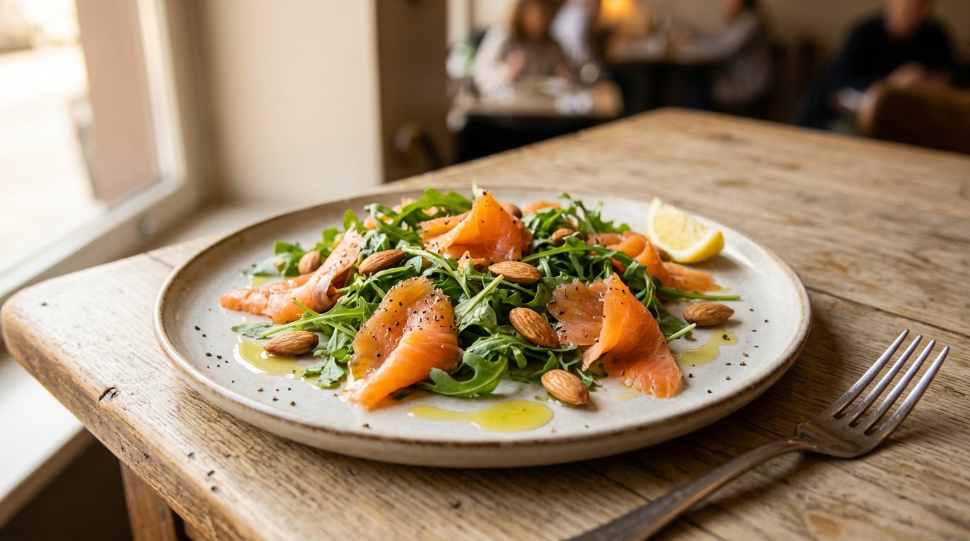 Un piatto colorato di insalata con salmone affumicato, foglie verdi di rucola e mandorle tostate spezzettate, condita con un filo d'olio.