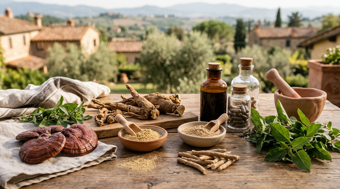 Flaconcini di vetro con integratori adattogeni e piante officinali su un tavolo di legno