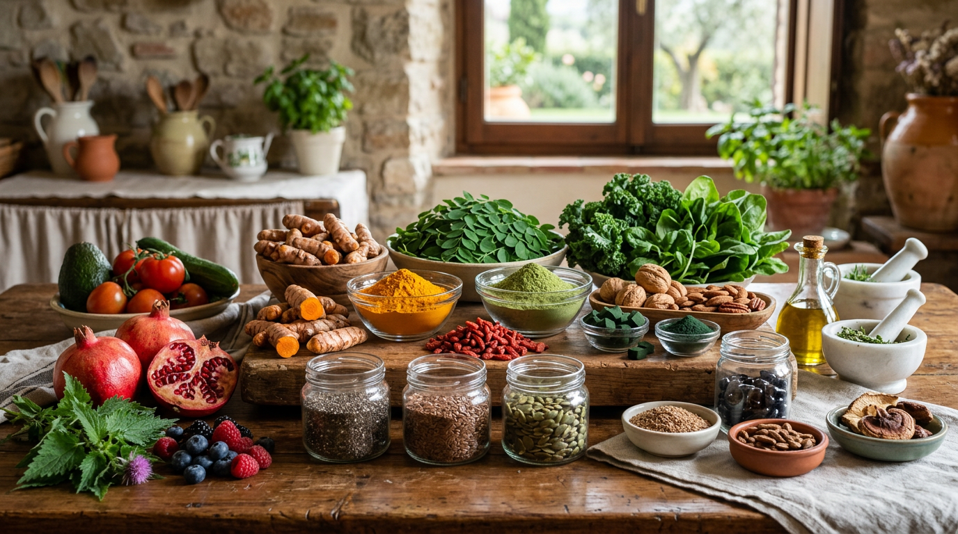 Varie capsule e compresse di integratori alimentari su un tavolo di legno chiaro, circondate da ingredienti freschi come frutta e verdura, in un ambiente luminoso e naturale.