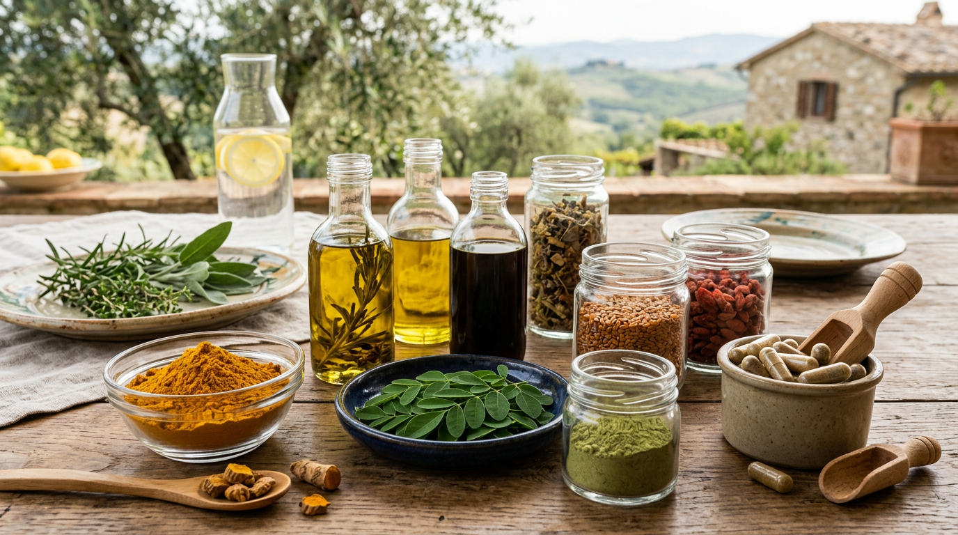 Varie capsule di integratori alimentari colorati sparse su un tavolo di legno chiaro