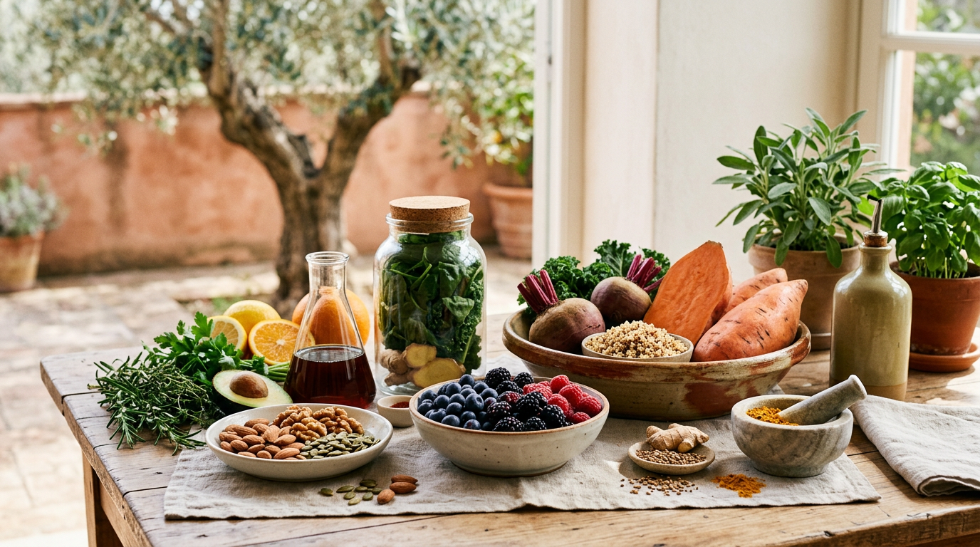 Atleta che prepara un frullato proteico in una cucina moderna con frutta fresca e un barattolo di proteine in polvere accanto.