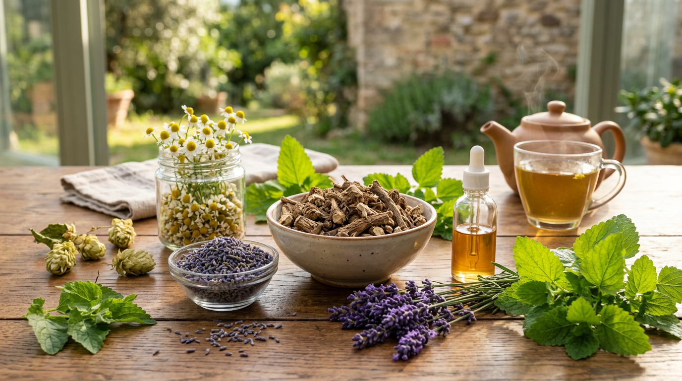 Confezioni di integratori per il sonno a base di melatonina e estratti vegetali su un comodino con una luce soffusa e un libro.
