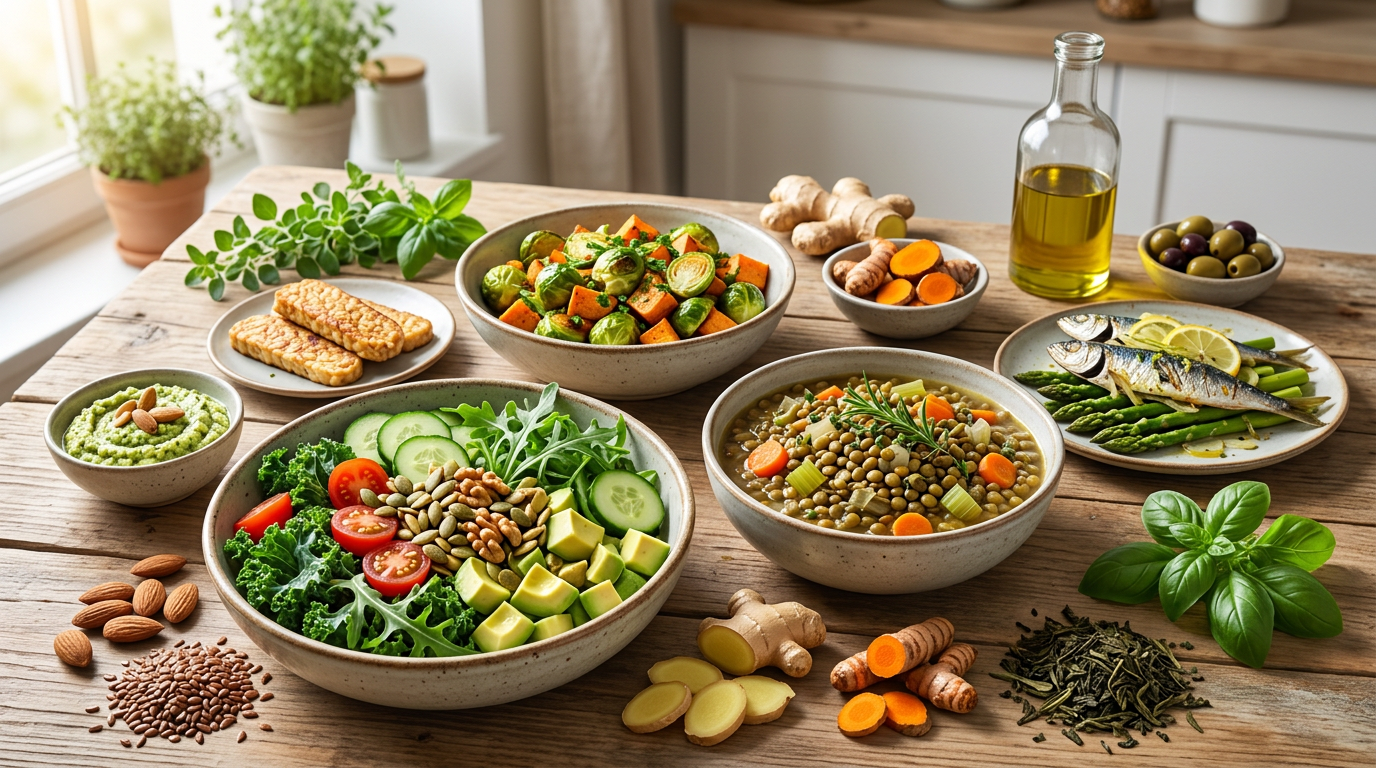Intestino schematico con barriera integra e permeabile, sullo sfondo ingredienti vegetali come zenzero, curcuma e verdure a foglia verde che simboleggiano una dieta sana.