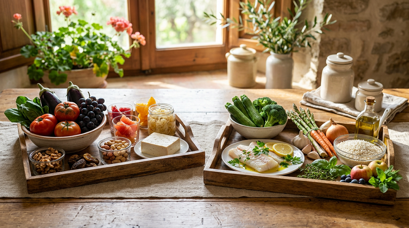 Piatto di verdure fresche e colorate con erbe aromatiche su un tavolo di legno chiaro, simbolo di una dieta sana e consapevole.